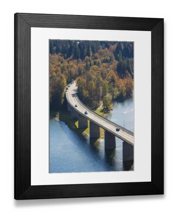 Framed Print : Germany, Bavaria, Fall, Fallerklamm Bridge over the Sylvenstein Lake, elevated view, fall Framed Print : Germany, Bavaria, Fall, Fallerklamm Bridge over the Sylvenstein Lake, elevated view, fall