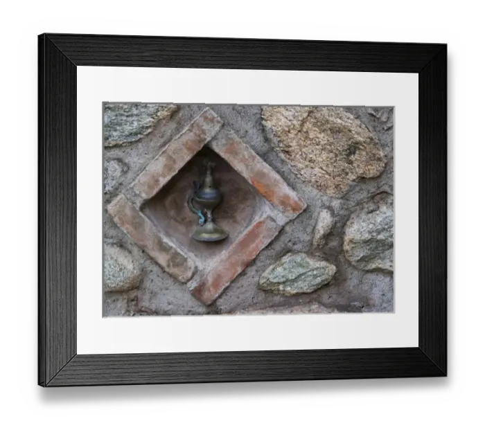 Framed Print : Europe, Greece, Meteora. Oil lamp embedded in stone wall at Grand Meteora Monastery Framed Print : Europe, Greece, Meteora. Oil lamp embedded in stone wall at Grand Meteora Monastery