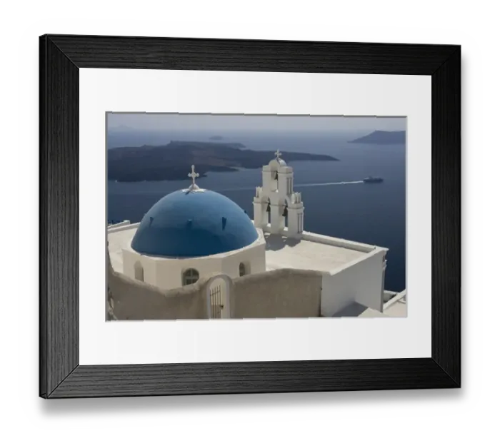 Framed Print : Europe, Greece, Santorini. Greek Orthodox church and white bell tower overlook a luxury yacht Framed Print : Europe, Greece, Santorini. Greek Orthodox church and white bell tower overlook a luxury yacht