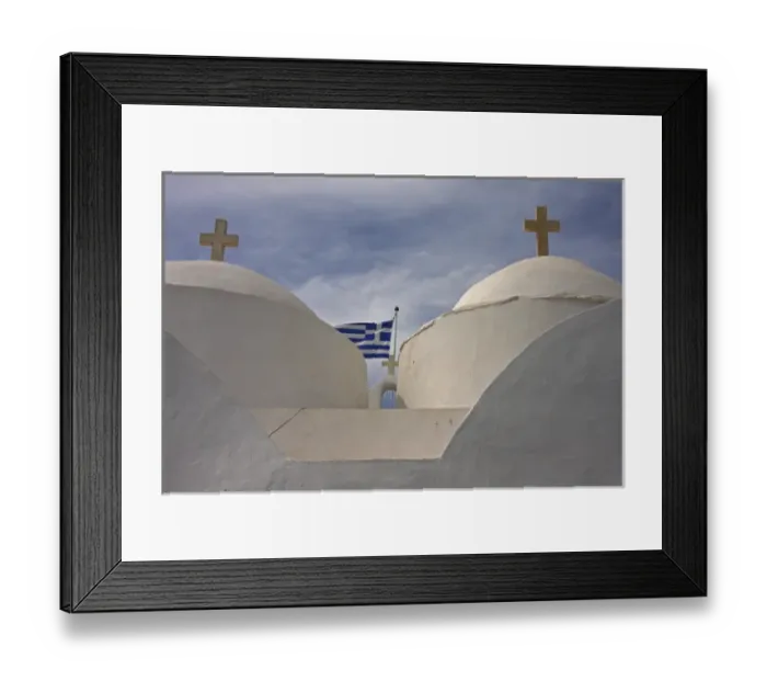 Framed Print : Europe, Greece, Cyclades, Sifnos, Vathi. Traditional Greek Orthodox church flying Greek flag Framed Print : Europe, Greece, Cyclades, Sifnos, Vathi. Traditional Greek Orthodox church flying Greek flag