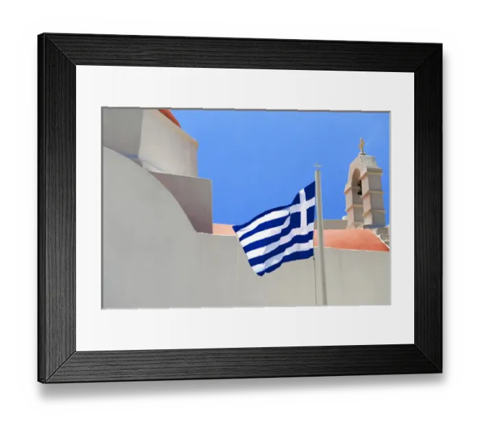 Framed Print : Greece; Mykonos; Chora. The Greek flag flys over the Island of Mykonos Framed Print : Greece; Mykonos; Chora. The Greek flag flys over the Island of Mykonos