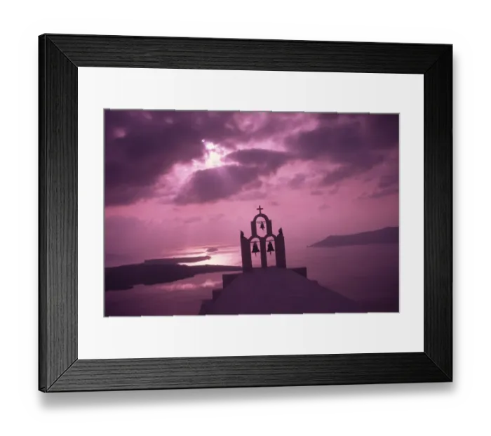 Framed Print : Greece, Aegean Sea, Santorini Island (Thera), Church steeple with evening light rays
