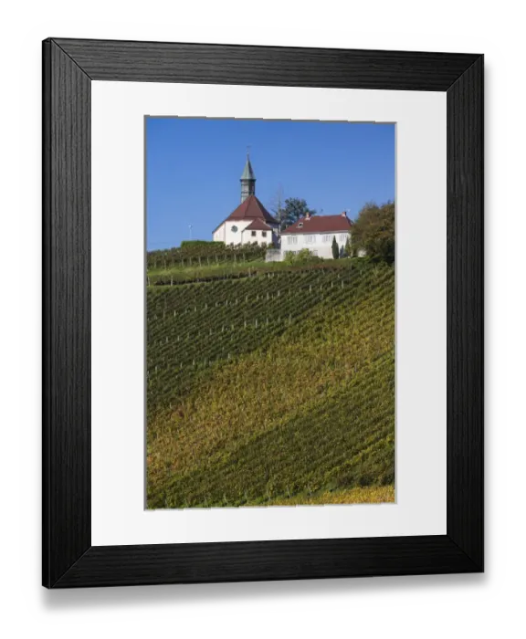 Framed Print : Germany, Baden-Wurttemburg, Black Forest, Gengenbach, vineyards and hilltop chapel, fall