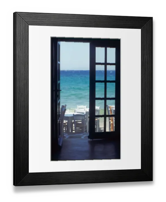 Framed Print : Europe, Greece, Cyclades, Island of Mykonos. View of ocean through restaurant door Framed Print : Europe, Greece, Cyclades, Island of Mykonos. View of ocean through restaurant door