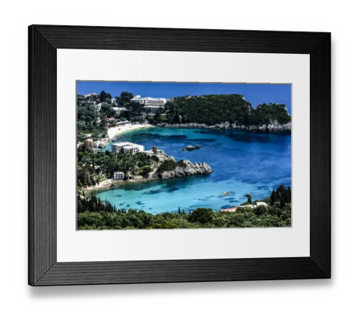 Framed Print : Corfu, Greece. Aerial view of beach, coves, Ionian Sea, and a resort