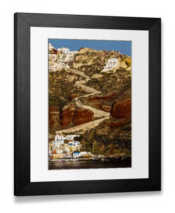 Framed Print : Santorini, Greece. Zig Zag stair pathway leading to a village by the sea on the Island Framed Print : Santorini, Greece. Zig Zag stair pathway leading to a village by the sea on the Island