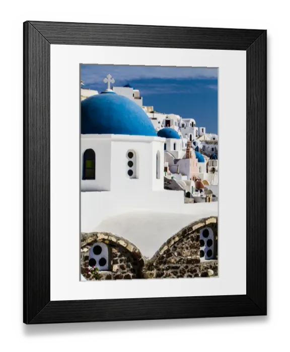 Framed Print : Oia, Greece. Row of Greek Orthdox Churches with blue domes and painted pastel white Framed Print : Oia, Greece. Row of Greek Orthdox Churches with blue domes and painted pastel white
