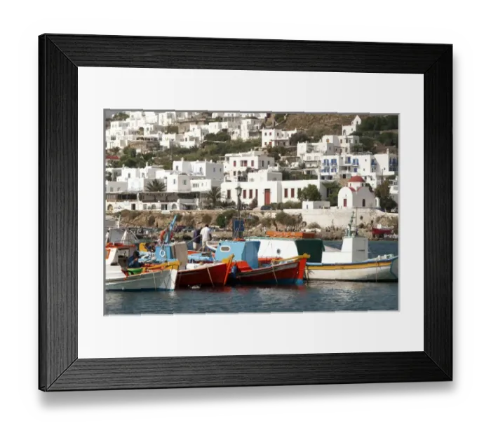 Framed Print : Greece, Mykonos, Chora. Fishing boats in the harbor of Mykonos