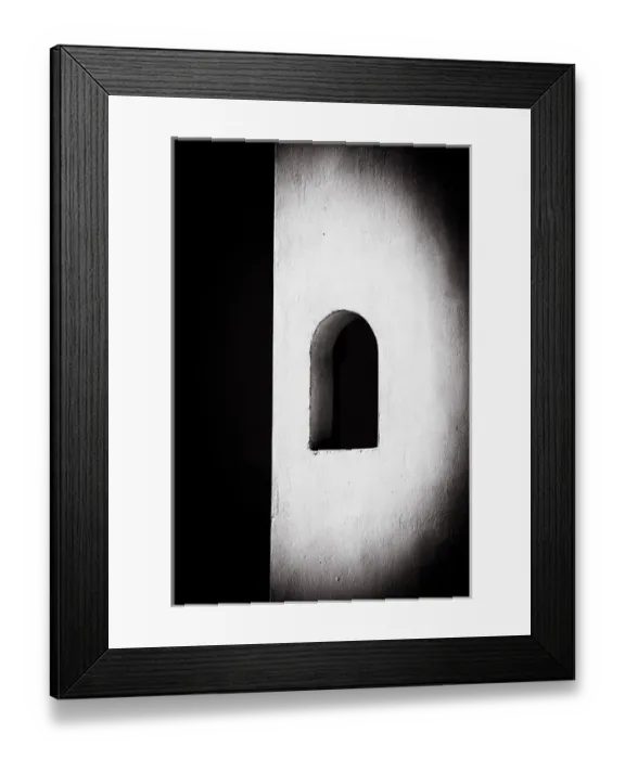 Framed Print : Oia, Greece. Santorini. Black and White Curved, Greek, White Washed, Stucco, Window