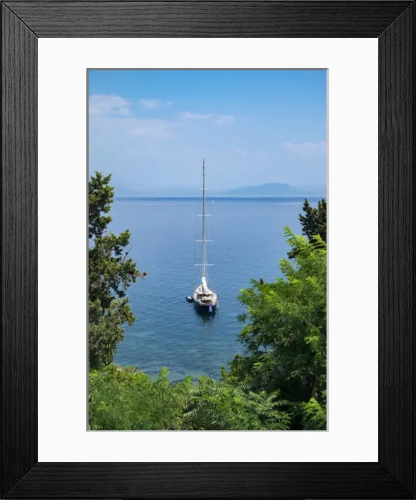 Framed Print : Sailboat moored in Ionian Sea, Corfu, Greece, Europe Framed Print : Sailboat moored in Ionian Sea, Corfu, Greece, Europe
