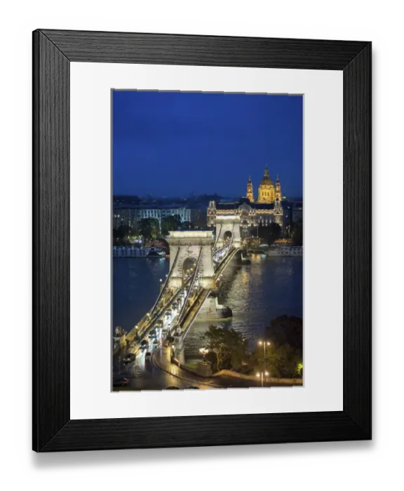 Framed Print : Europe, Hungary, Budapest, Chain Bridge, night, Danube River Framed Print : Europe, Hungary, Budapest, Chain Bridge, night, Danube River