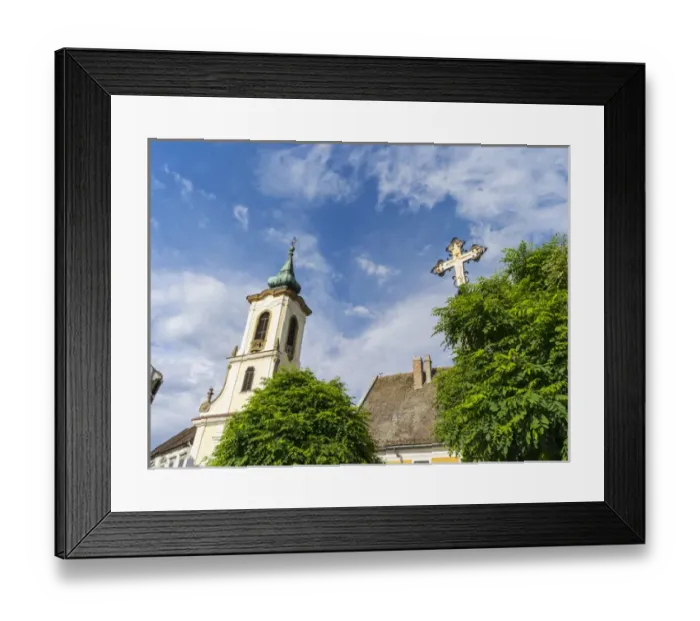 Framed Print : Szentendre near Budapest. Main Square (foe ter) with plague Column and the Blagovescenska church Framed Print : Szentendre near Budapest. Main Square (foe ter) with plague Column and the Blagovescenska church