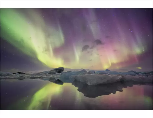 Iceland, Jokulsarlon. Aurora lights reflect in lagoon