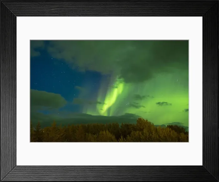Framed Print : Iceland spectatular Northern Lights green in Reykholt Valley in West Iceland sky lights