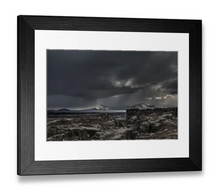Framed Print : Iceland, Fagrabrekka, Thingvellir National Park. Storm clouds above an otherworldly landscape Framed Print : Iceland, Fagrabrekka, Thingvellir National Park. Storm clouds above an otherworldly landscape