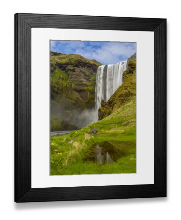 Framed Print : Europe, Iceland, Skogafoss. Waterfall reflects in pool