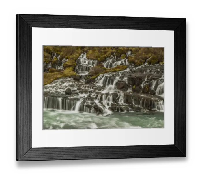 Framed Print : Europe, Iceland, Hraunfossar. Waterfalls flow over igneous rocks into stream. Credit as Framed Print : Europe, Iceland, Hraunfossar. Waterfalls flow over igneous rocks into stream. Credit as
