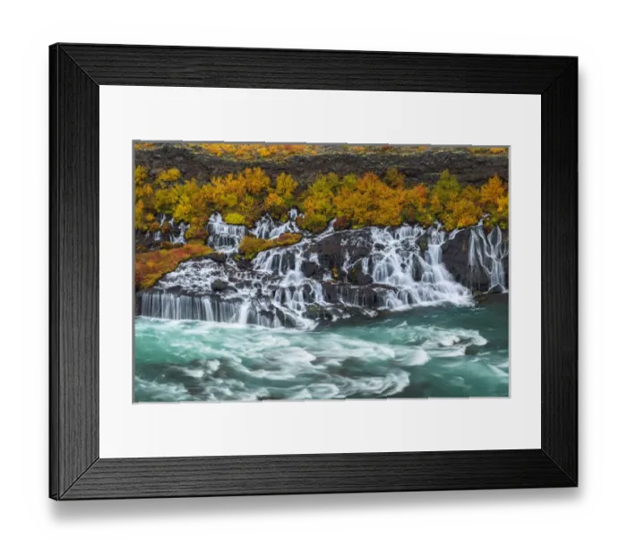 Framed Print : Iceland, Hraunfossar. Autumn waterfalls flow into river Framed Print : Iceland, Hraunfossar. Autumn waterfalls flow into river