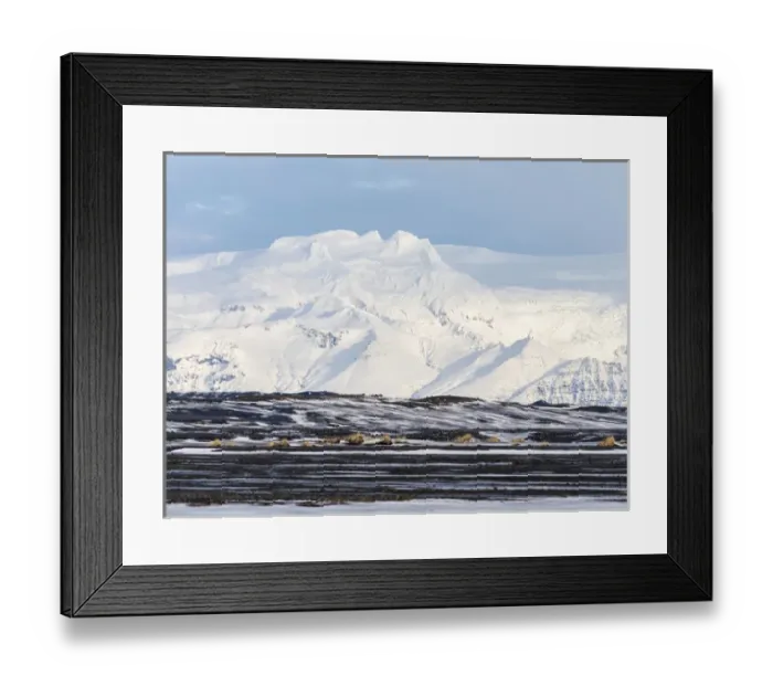 Framed Print : View over the Skeitherarsandur during winter towards snow capped volcano Vatnojoekull