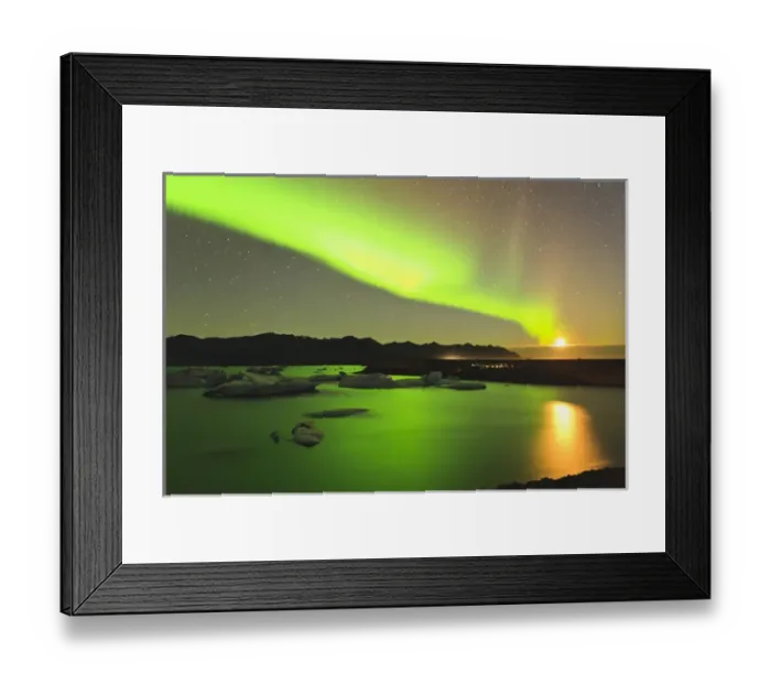 Framed Print : Rising moon and Aurora Borealis and moonrise over icebergs in Jokulsarlon and Breidamerkurjokull