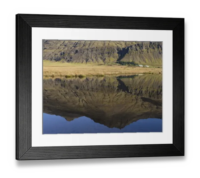 Framed Print : Mountain and homestead reflection in Lake, Iceland Framed Print : Mountain and homestead reflection in Lake, Iceland