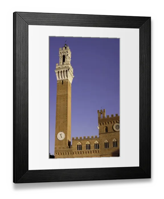 Framed Print : Europe, Italy, Tuscany, Sienna. Tower and clock view of Torre del Mangia in the Piazza del Campo