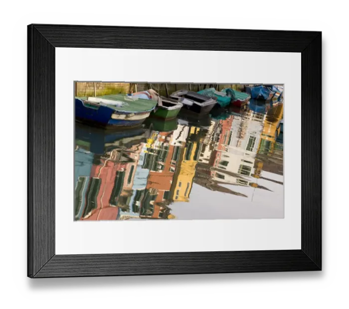 Framed Print : Italy, Venice, Burano. Row of boats and colorful houses reflect in canal water. Credit as Framed Print : Italy, Venice, Burano. Row of boats and colorful houses reflect in canal water. Credit as