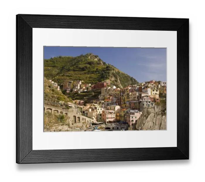 Framed Print : Europe, Italy, Cinque Terre, Manarola. View of the town and terraced vineyards. Credit as