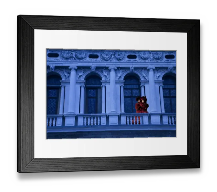 Framed Print : Europe, Italy, Venice. Composite of couple on balcony in Carnival costumes. Credit as