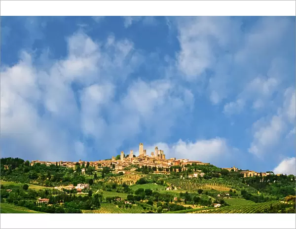 Europe, Italy, Tuscany, San Gimignano. Vineyards around hilltop town