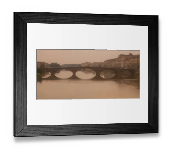 Framed Print : Italy, Florence. A nostalic, foggy view of a bridge over the Arno River