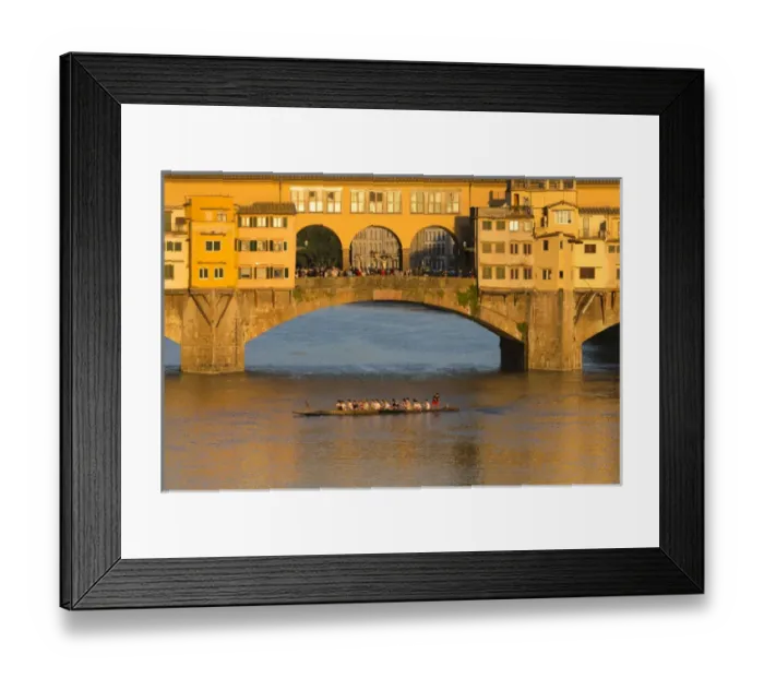Framed Print : Europe, Italy, Florence. Golden light of late afternoon illuminates the Ponte Vecchio