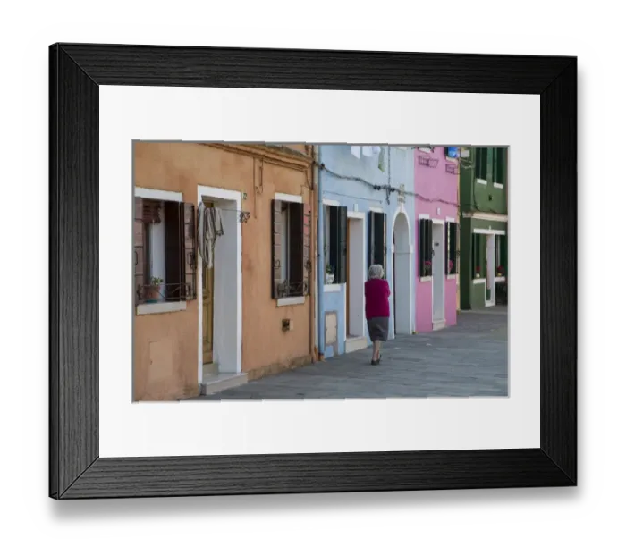 Framed Print : Burano and colorful buildings with elderly lady taking a walk Framed Print : Burano and colorful buildings with elderly lady taking a walk