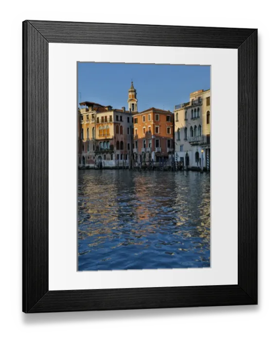 Framed Print : Evening light on Grand Canal and its reflection of old buildings and belltower, Venice Framed Print : Evening light on Grand Canal and its reflection of old buildings and belltower, Venice