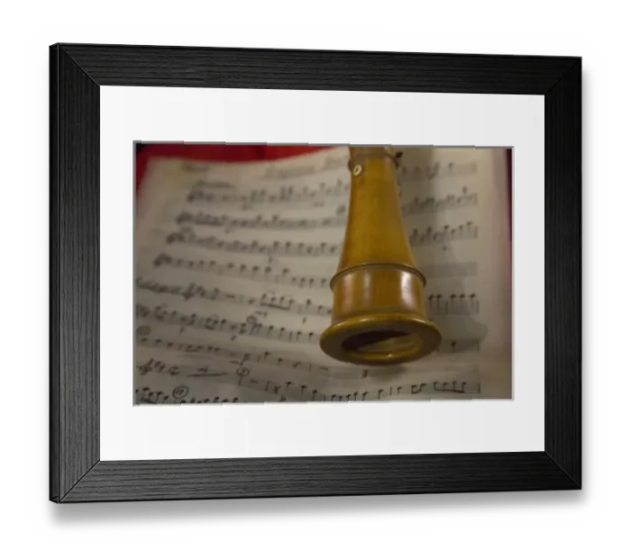 Framed Print : Old Wind instrument and sheet music, Venice Italy at the Interpreti Veneziani Music