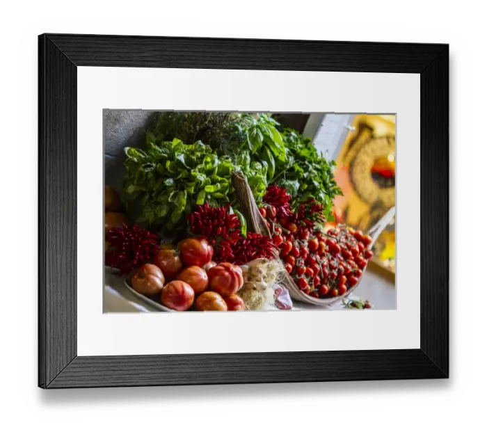 Framed Print : Venice, Italy. Bundle of Fresh Herbs, red Picante Peppers, onions, and tomatoes