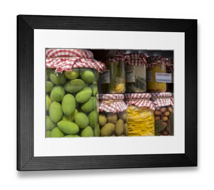 Framed Print : Jarred green olives and vegetables for sale, Alberobello, Itlay, Europe Framed Print : Jarred green olives and vegetables for sale, Alberobello, Itlay, Europe