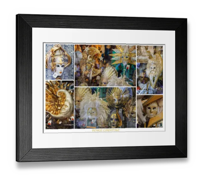 Framed Print : A poster featuring carnival masks found in shops in Venice Framed Print : A poster featuring carnival masks found in shops in Venice