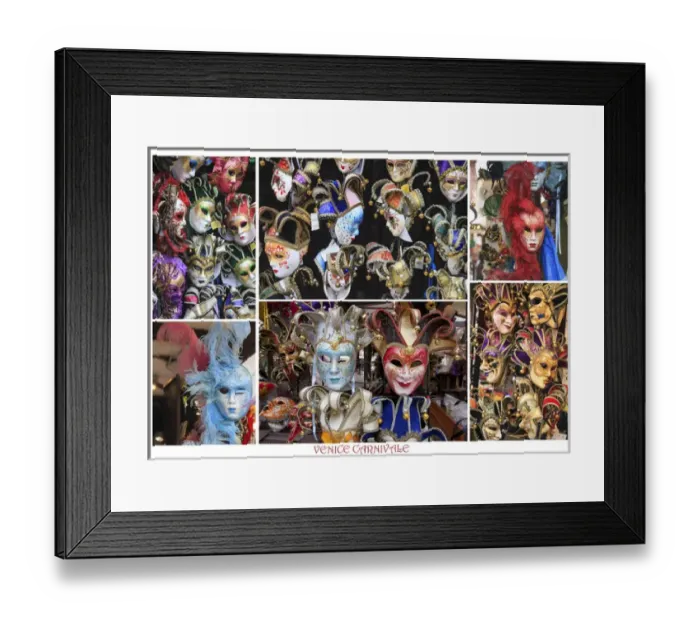 Framed Print : A poster featuring carnival masks shot in shop windows and outdoor stalls throughout Framed Print : A poster featuring carnival masks shot in shop windows and outdoor stalls throughout