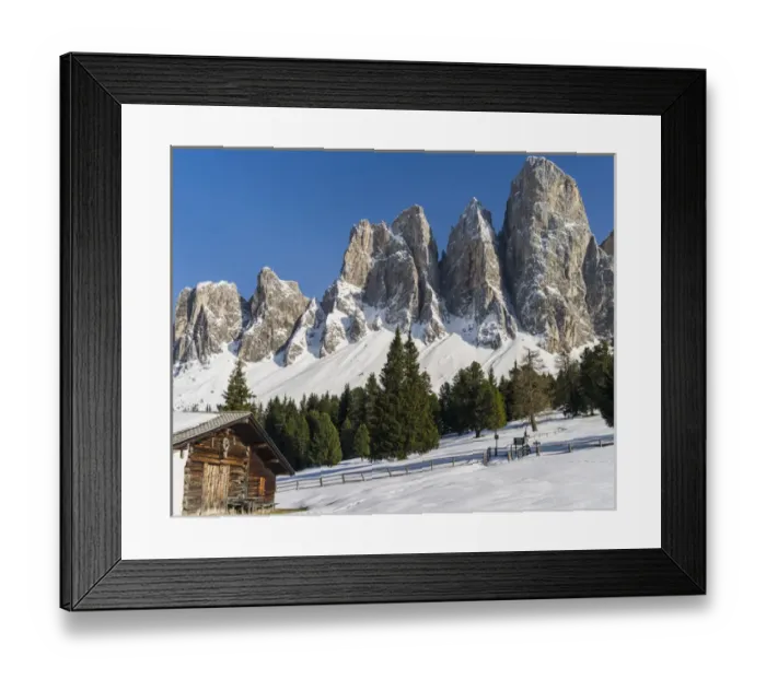 Framed Print : The peaks of the Geisler mountain range in valley Villnoess after a snow strom in spring Framed Print : The peaks of the Geisler mountain range in valley Villnoess after a snow strom in spring