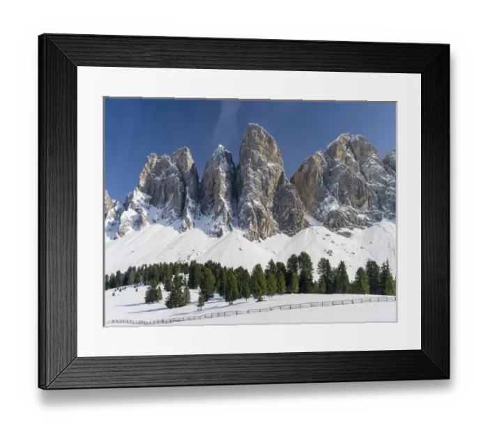 Framed Print : The peaks of the Geisler mountain range in valley Villnoess after a snow strom in spring Framed Print : The peaks of the Geisler mountain range in valley Villnoess after a snow strom in spring
