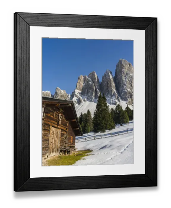 Framed Print : The peaks of the Geisler mountain range in valley Villnoess after a snow strom in spring