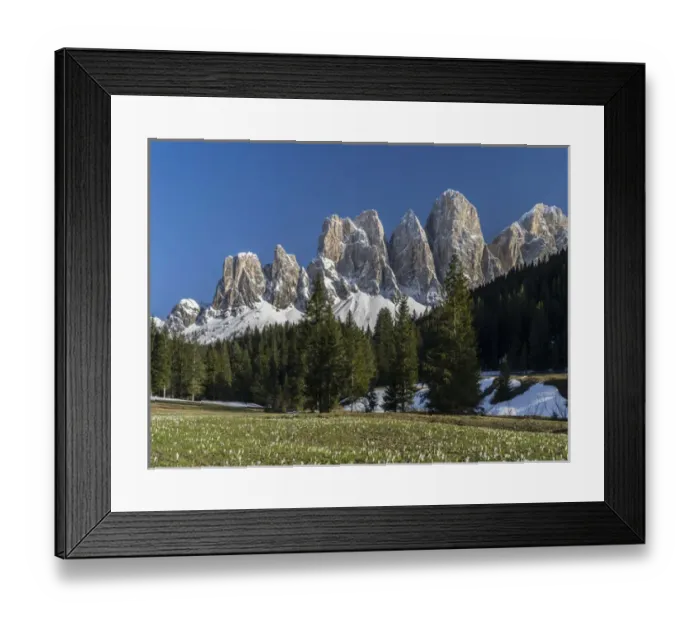 Framed Print : The peaks of the Geisler mountain range in valley Villnoess after a snow strom in spring Framed Print : The peaks of the Geisler mountain range in valley Villnoess after a snow strom in spring