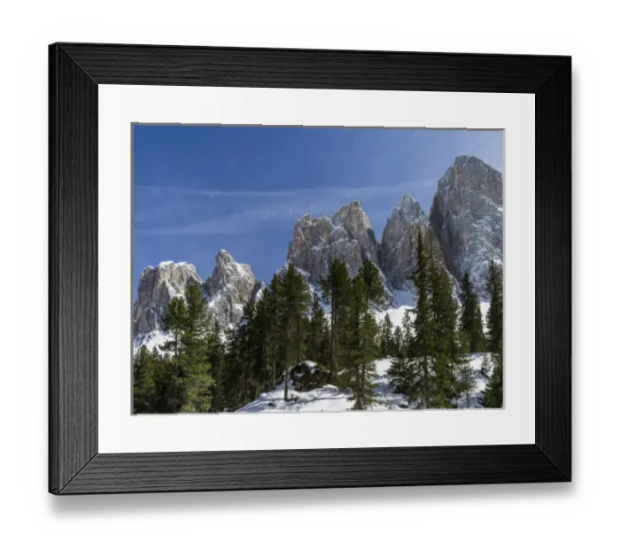 Framed Print : The peaks of the Geisler mountain range in valley Villnoess after a snow strom in spring Framed Print : The peaks of the Geisler mountain range in valley Villnoess after a snow strom in spring