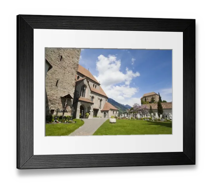 Framed Print : Schenna (Scena) near Meran (Merano) with parish church Maria Aufnahme, cemetery and palace, castle