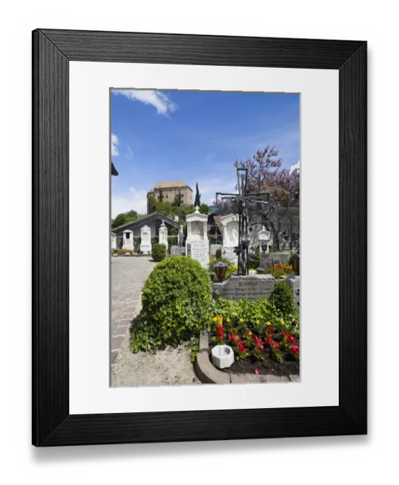 Framed Print : Schenna (Scena) near Meran (Merano) with parish church Maria Aufnahme, cemetery and palace, castle