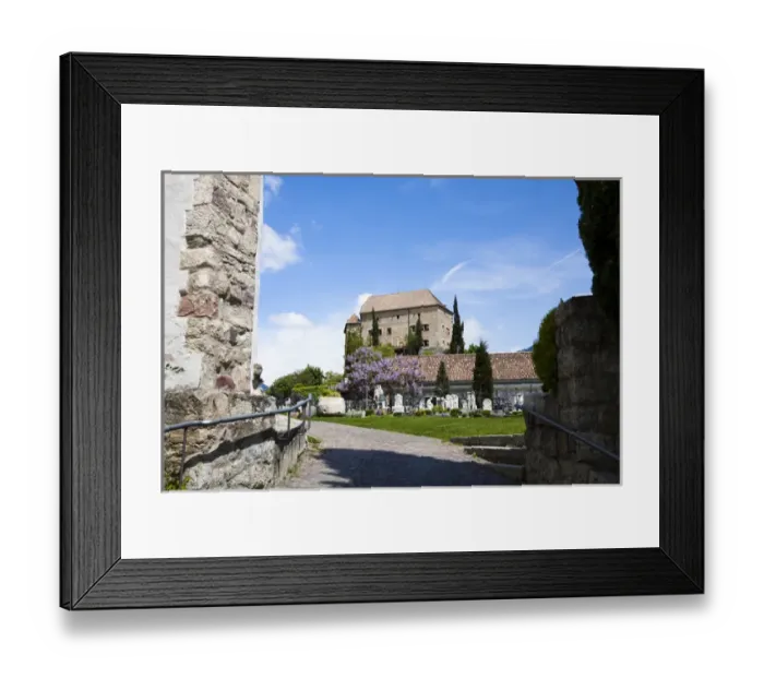 Framed Print : Schenna (Scena) near Meran (Merano) with parish church Maria Aufnahme, cemetery and palace, castle