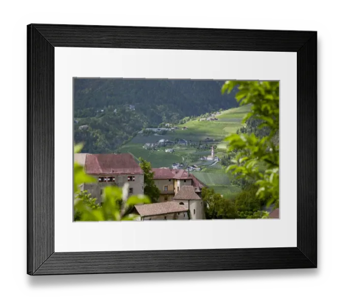 Framed Print : Schenna (Scena) near Meran (Merano), palace, castle with a view towards the village of tyrol