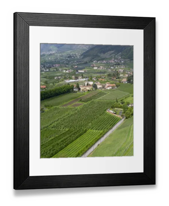Framed Print : Village of Algund (lagundo) in the valley of river Etsch surrounded by vineyards Framed Print : Village of Algund (lagundo) in the valley of river Etsch surrounded by vineyards