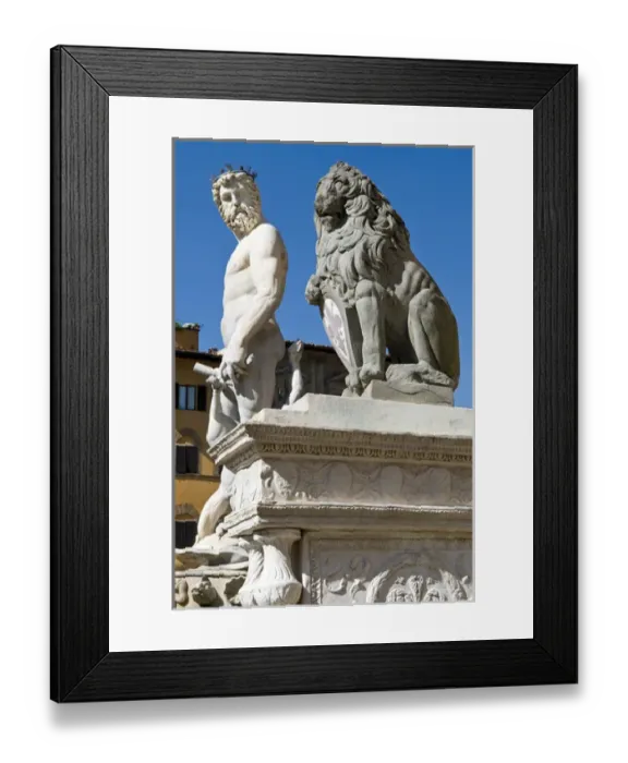 Framed Print : The Neptune (biancone) and Marzocco (lion) by Ammannati - 16th century), Piazza della Signoria Framed Print : The Neptune (biancone) and Marzocco (lion) by Ammannati - 16th century), Piazza della Signoria
